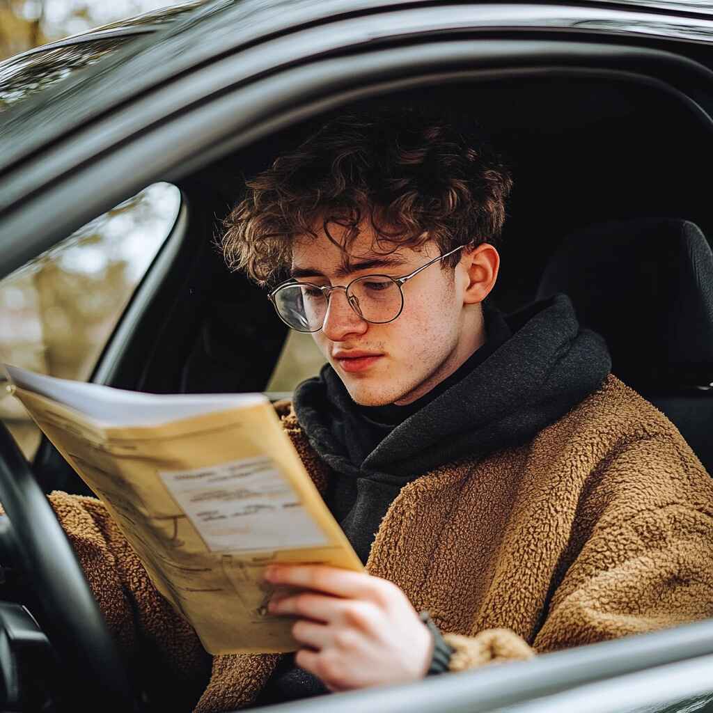 A young driver studying for the driving theory test.