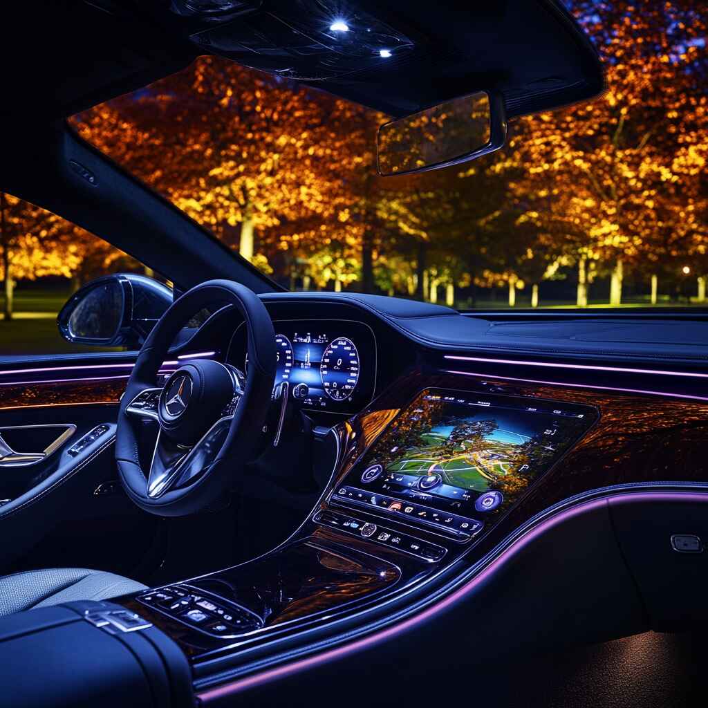 A modern car dashboard displaying various safety features.