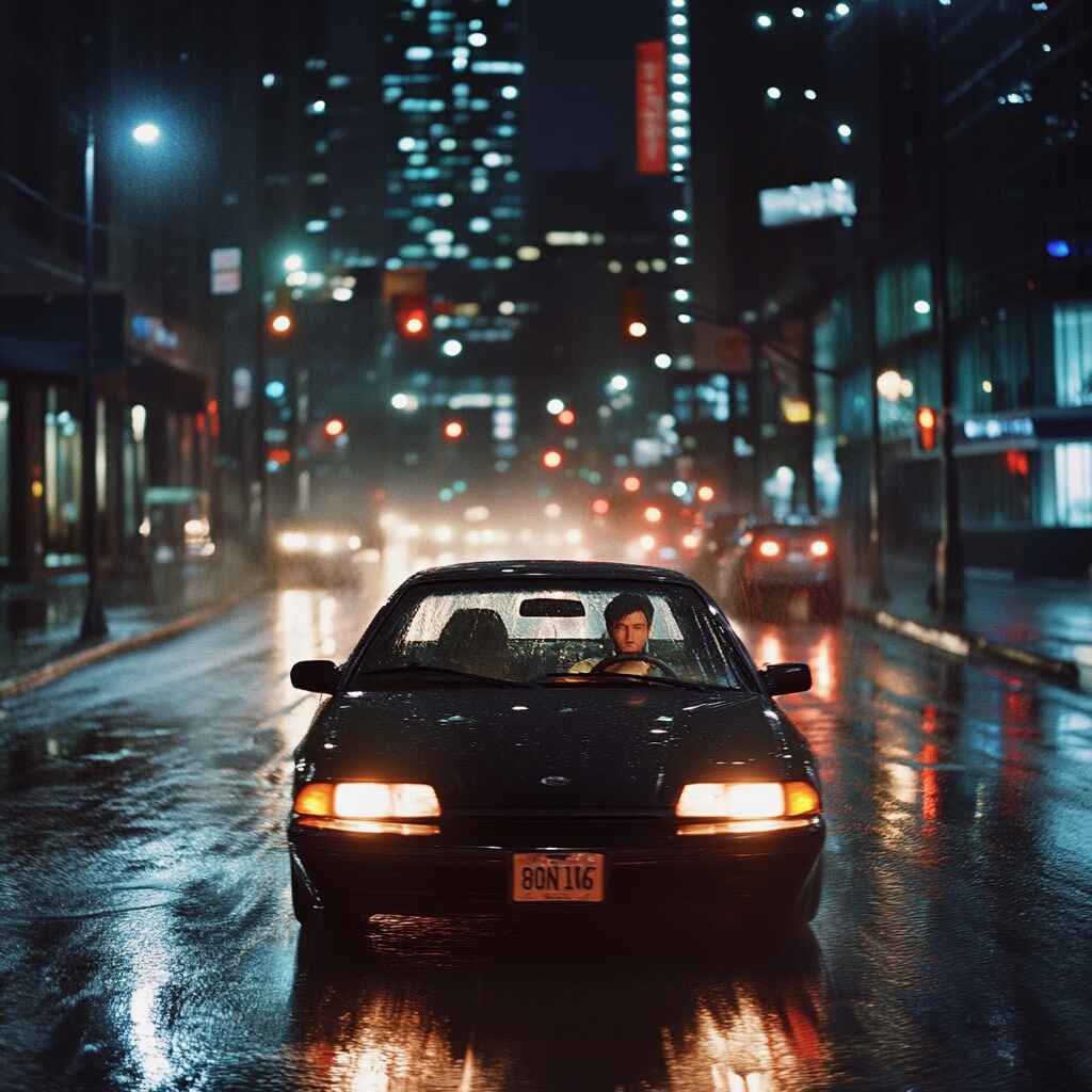 An experienced driver navigating the road at night with headlights on.