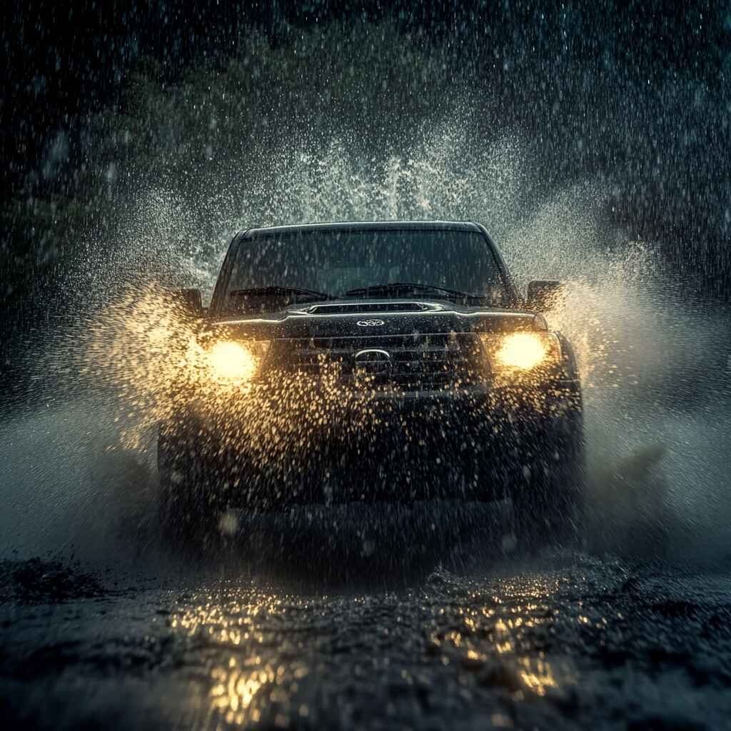 A vehicle driving through rain with wipers in action.