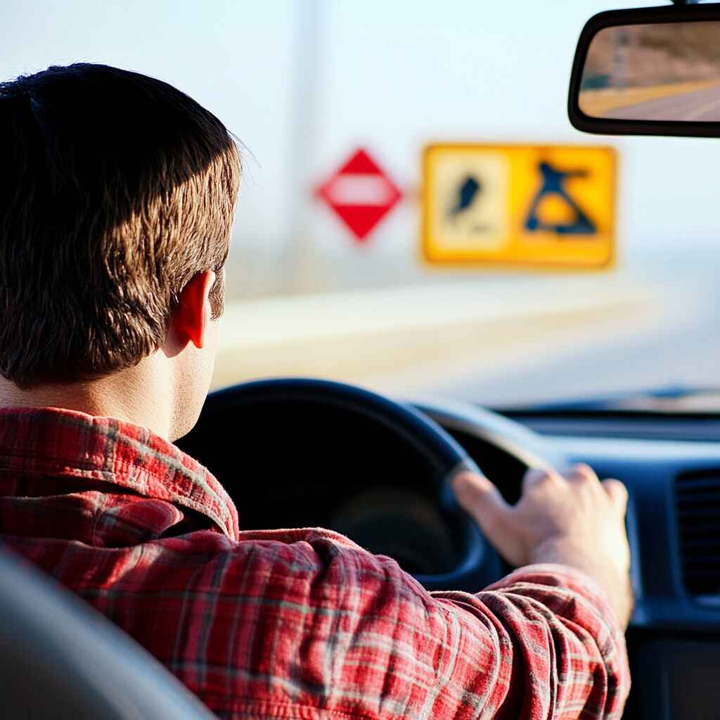 A driver overlooking road signs while driving.