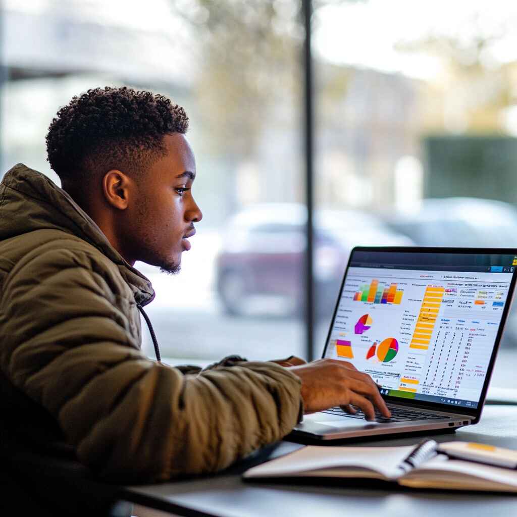 A learner analyzing their practice test results on a laptop.