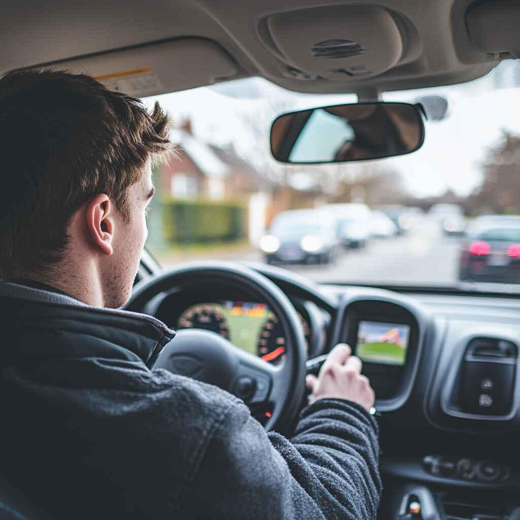 A learner driver safely navigating through potential road hazards.