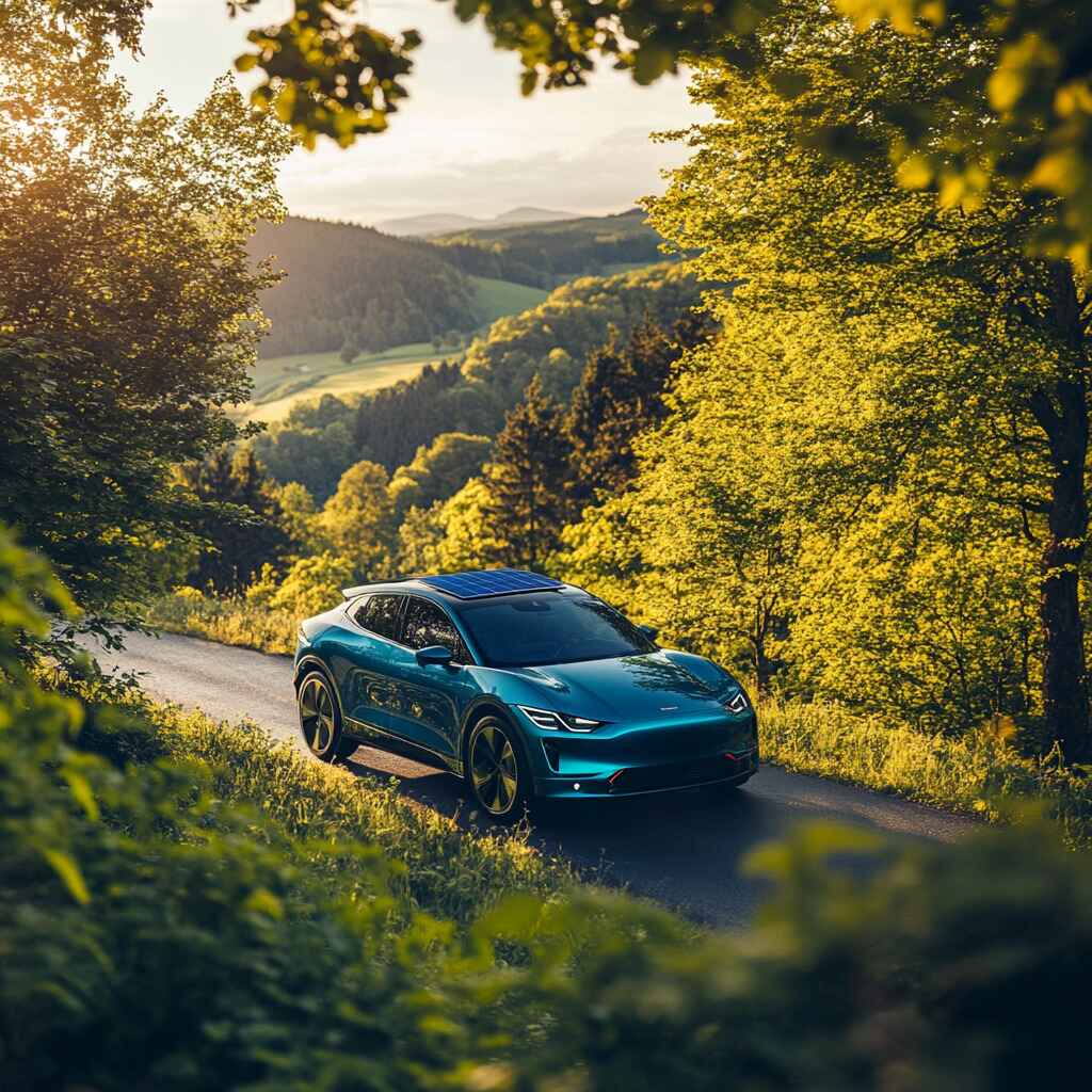 An eco-friendly car on a road surrounded by greenery.