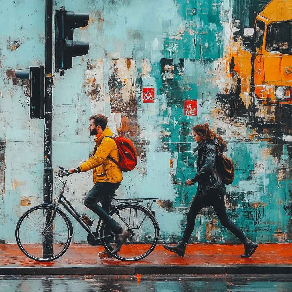 A pedestrian crossing with clear signage and a cyclist using a designated bike lane.