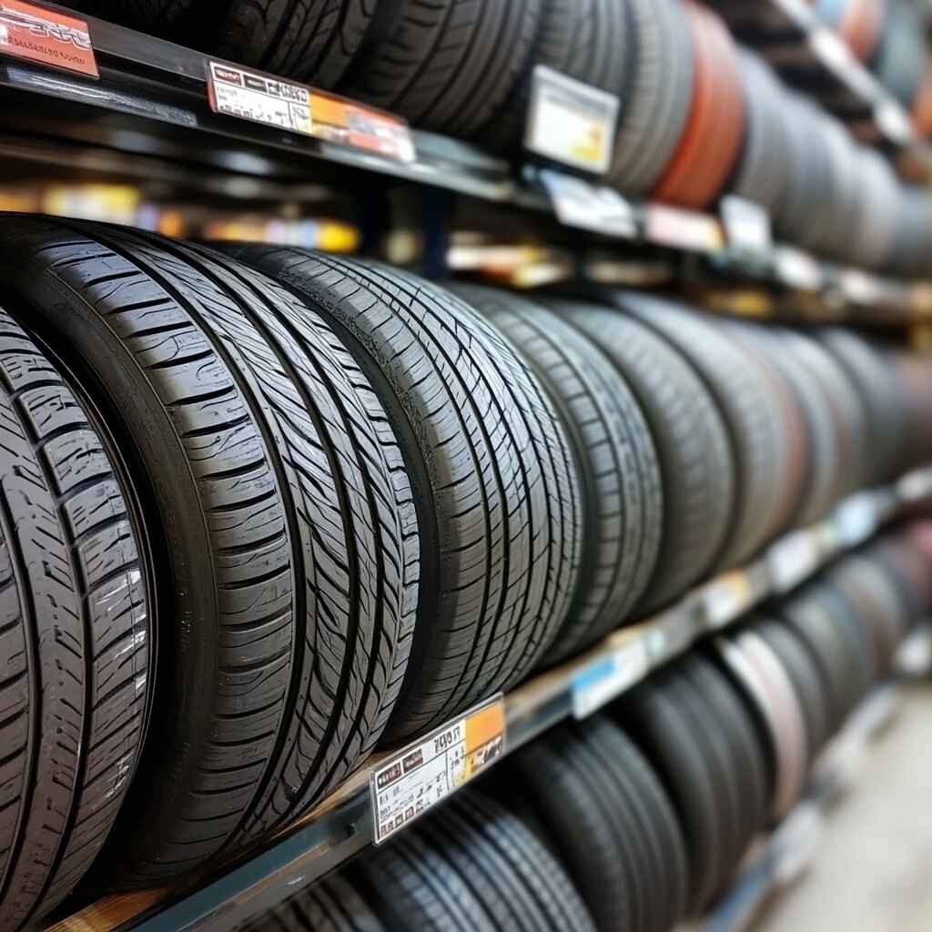 Selection of various car tires in a shop.