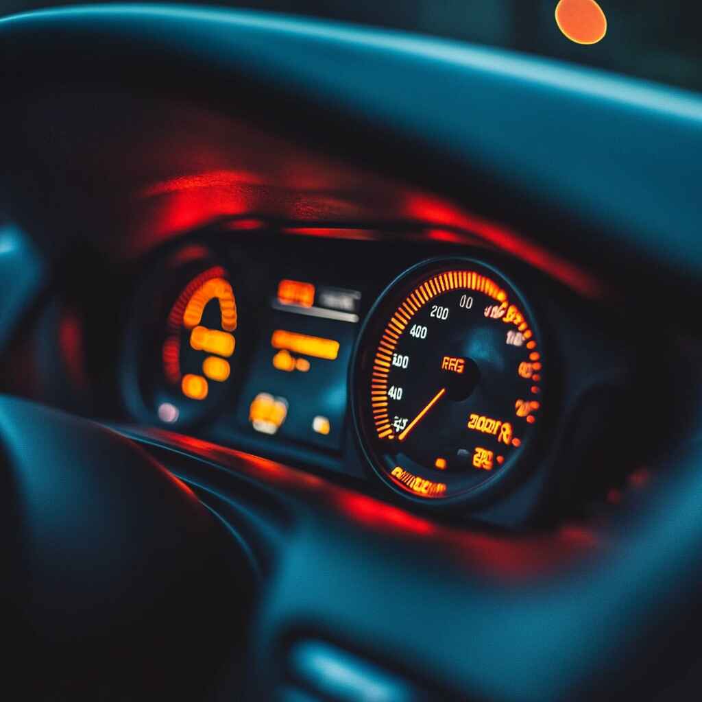 A close-up of a car dashboard showing various warning lights illuminated.