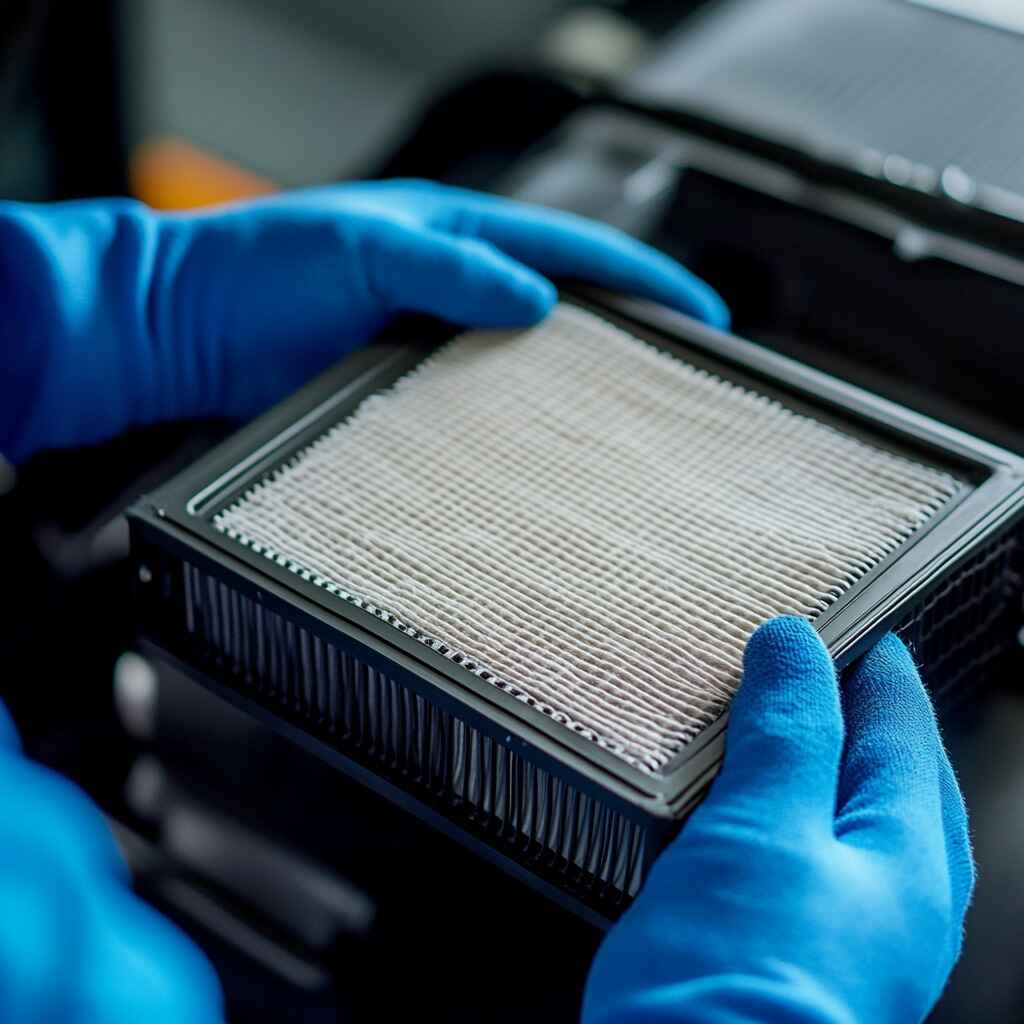 An image of a clean cabin air filter next to a dirty one for comparison.