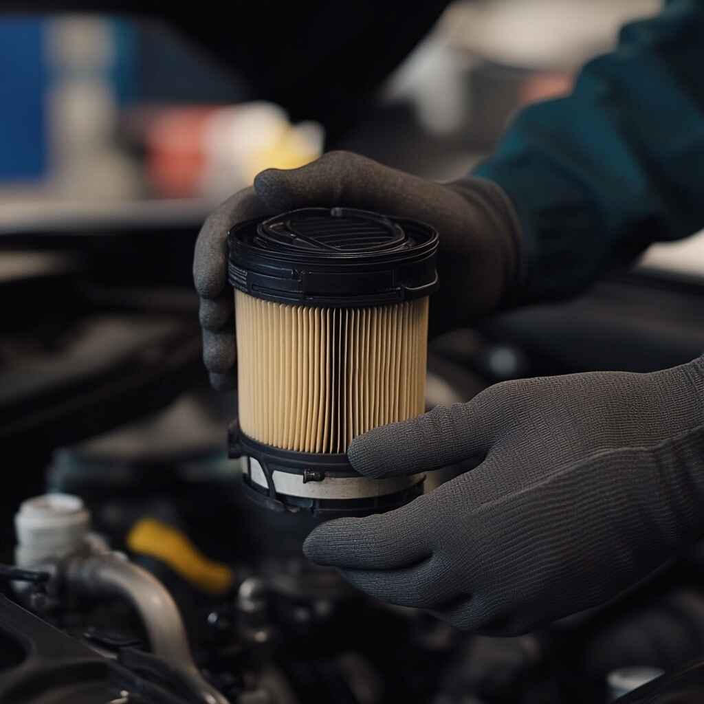 A fuel filter showing contaminants being filtered from fuel.