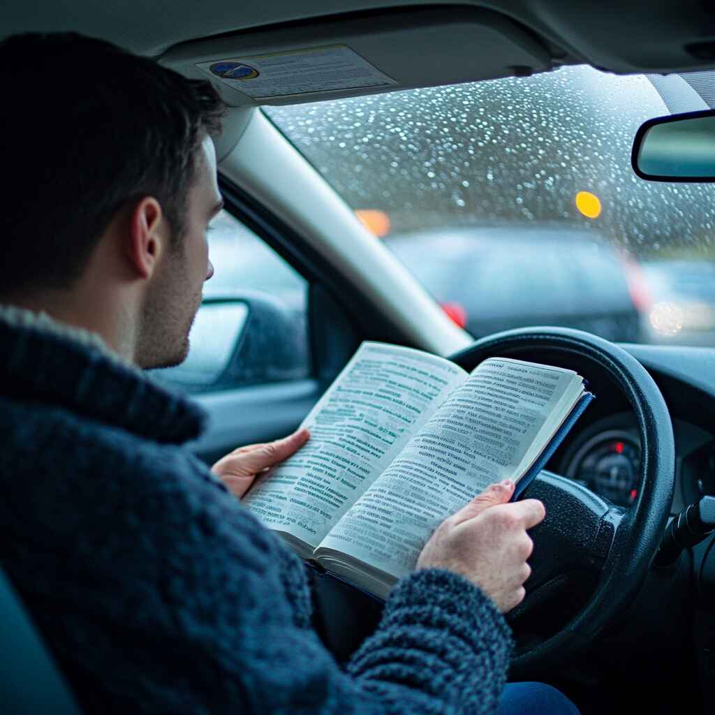 A driver reading the Highway Code for theory test preparation.