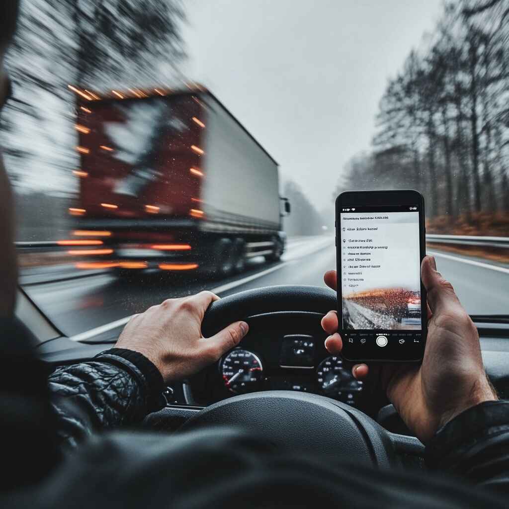 Distracted driver using a mobile phone while driving.