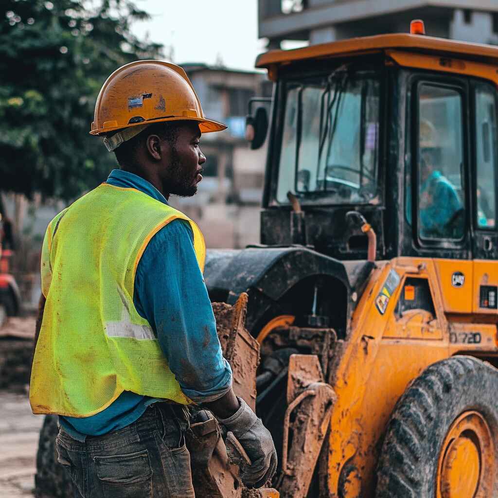 A worker operating heavy equipment safely on a construction site.