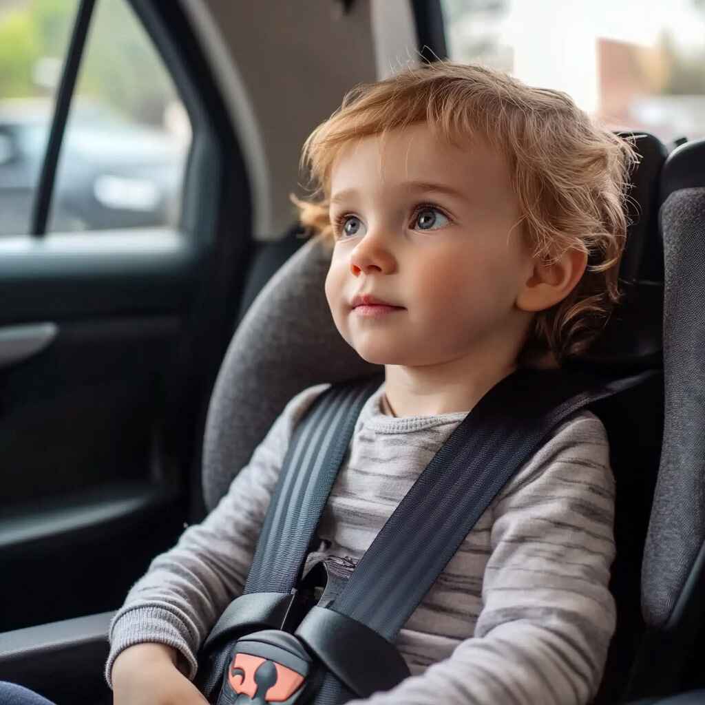 A child safely buckled in a car seat while the vehicle is in motion.