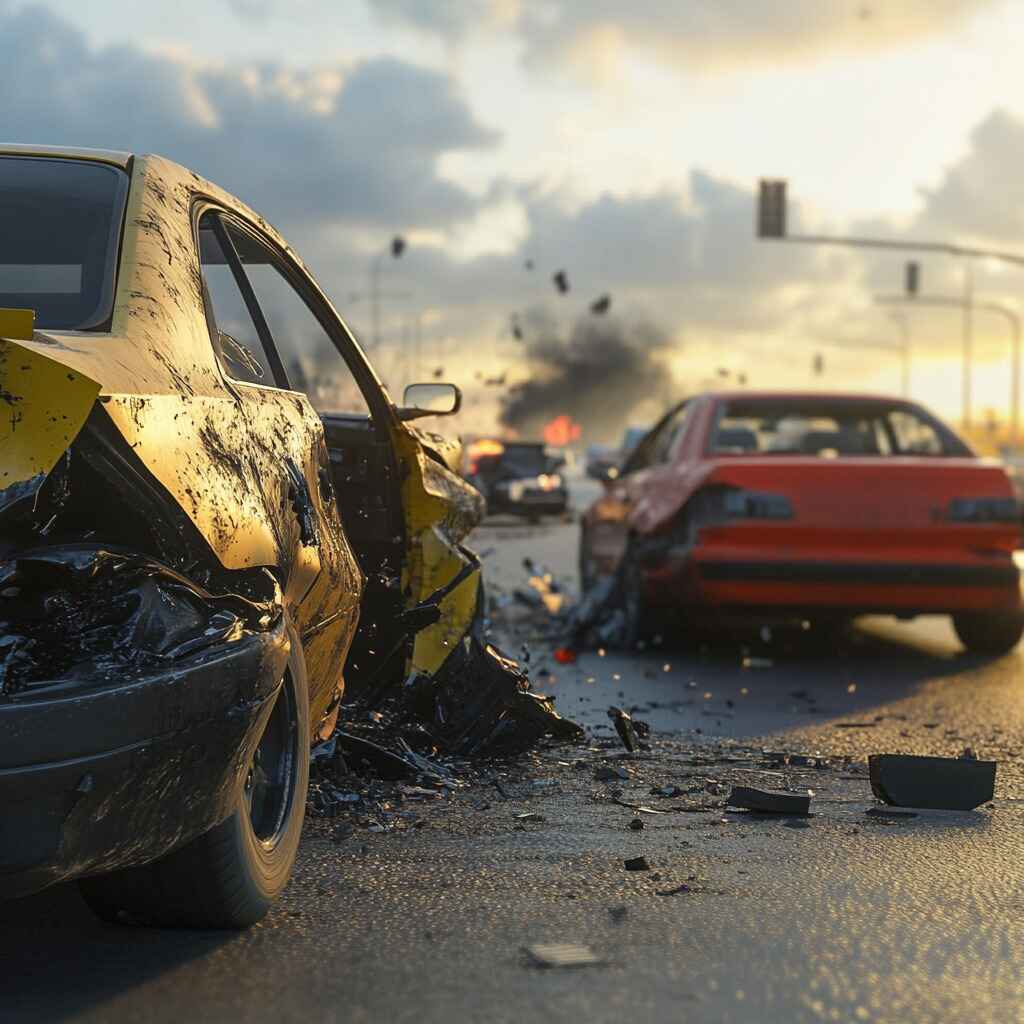 A driver steps out of their car after an accident to assess the situation.