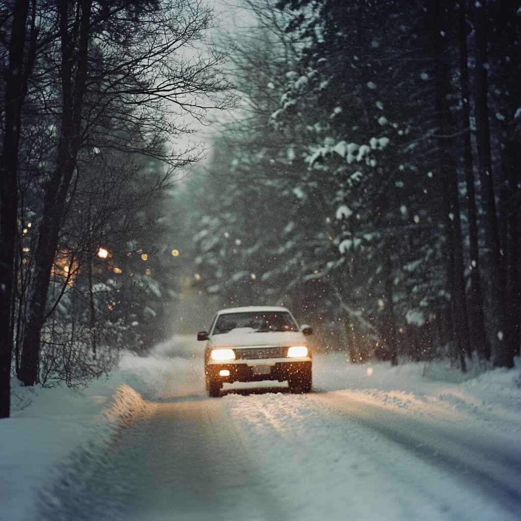 A car driving through a snowy road, showing winter driving conditions.