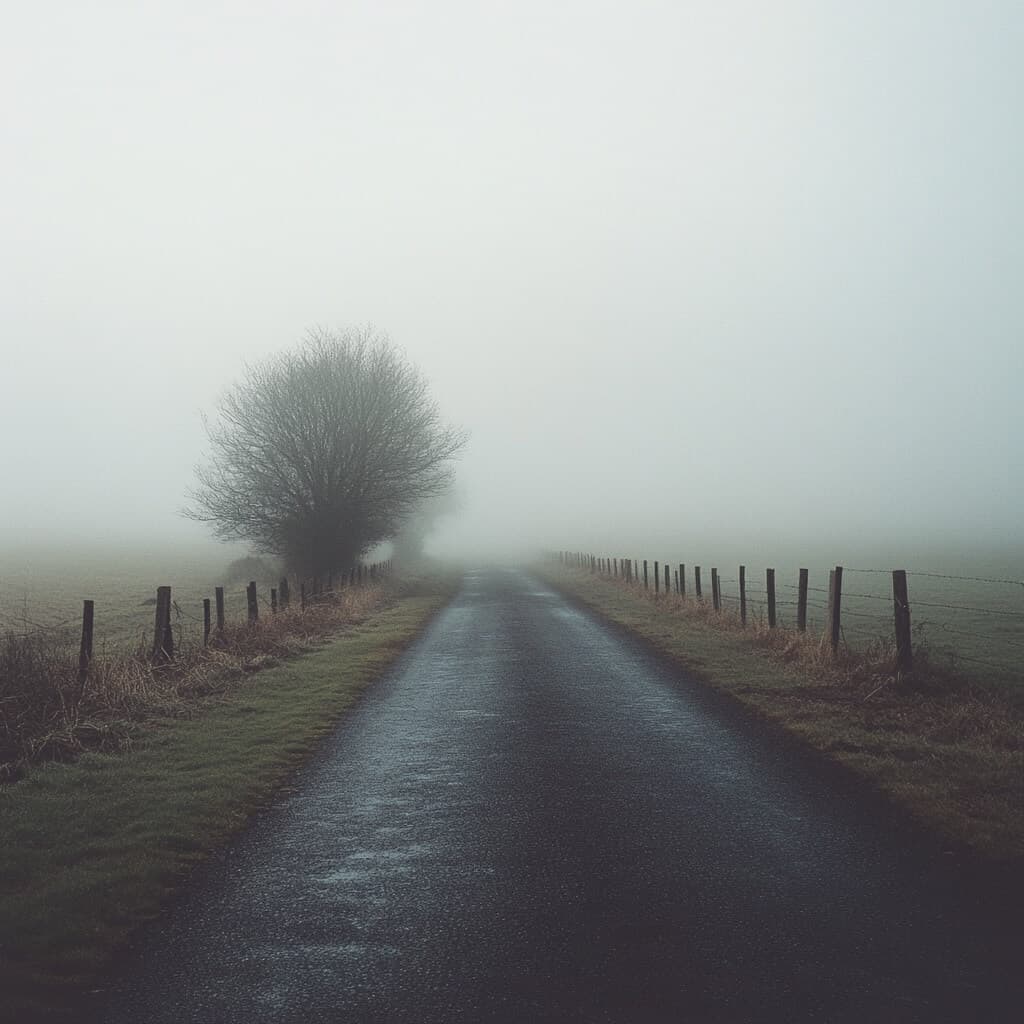 A car driving cautiously through heavy rain and fog with the headlights on.