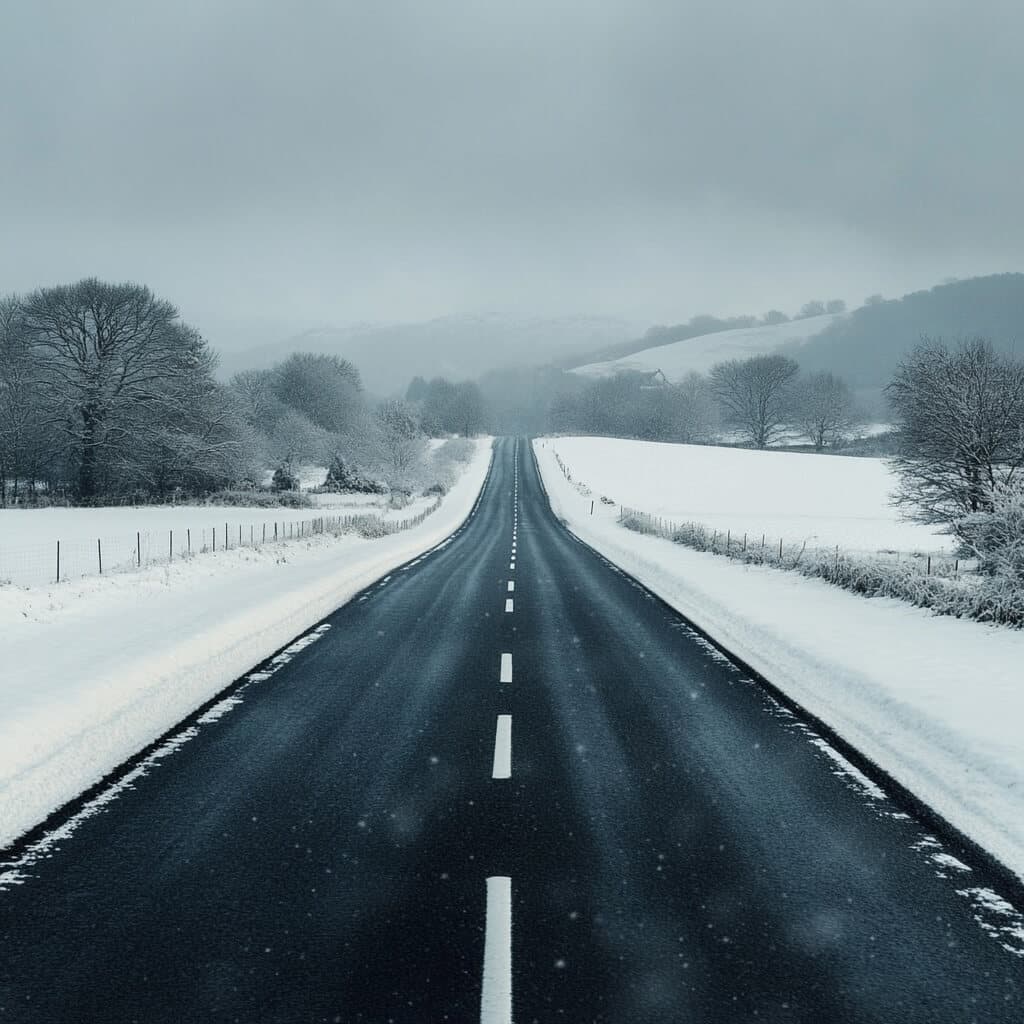 A car driving on a snowy road with winter tires and visibility issues.
