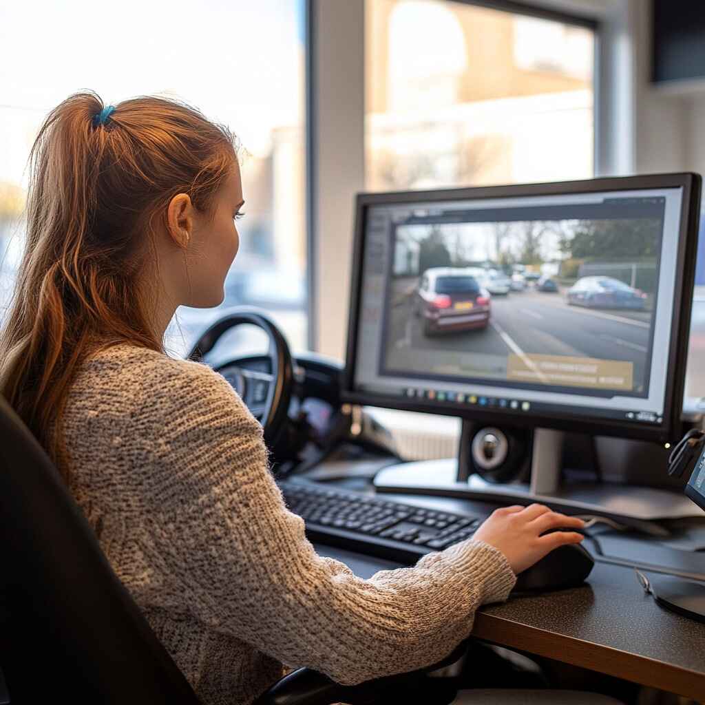 A learner taking a mock driving theory test on a computer.