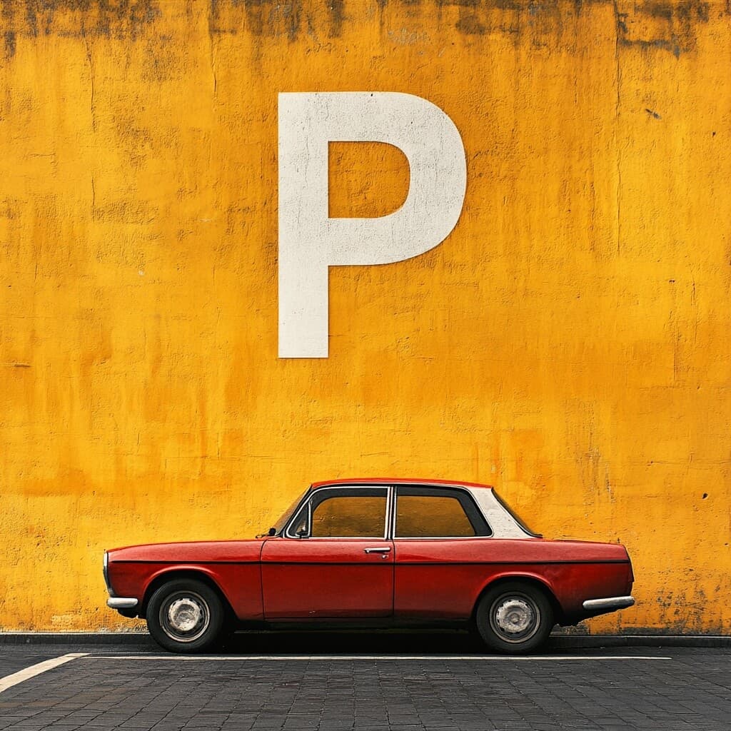 A car parked in a designated area alongside a parking sign indicating rules and regulations.
