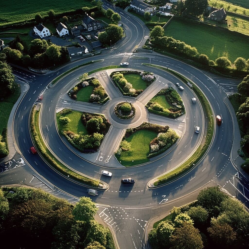 Cars navigating a roundabout with clear signage indicating directions.