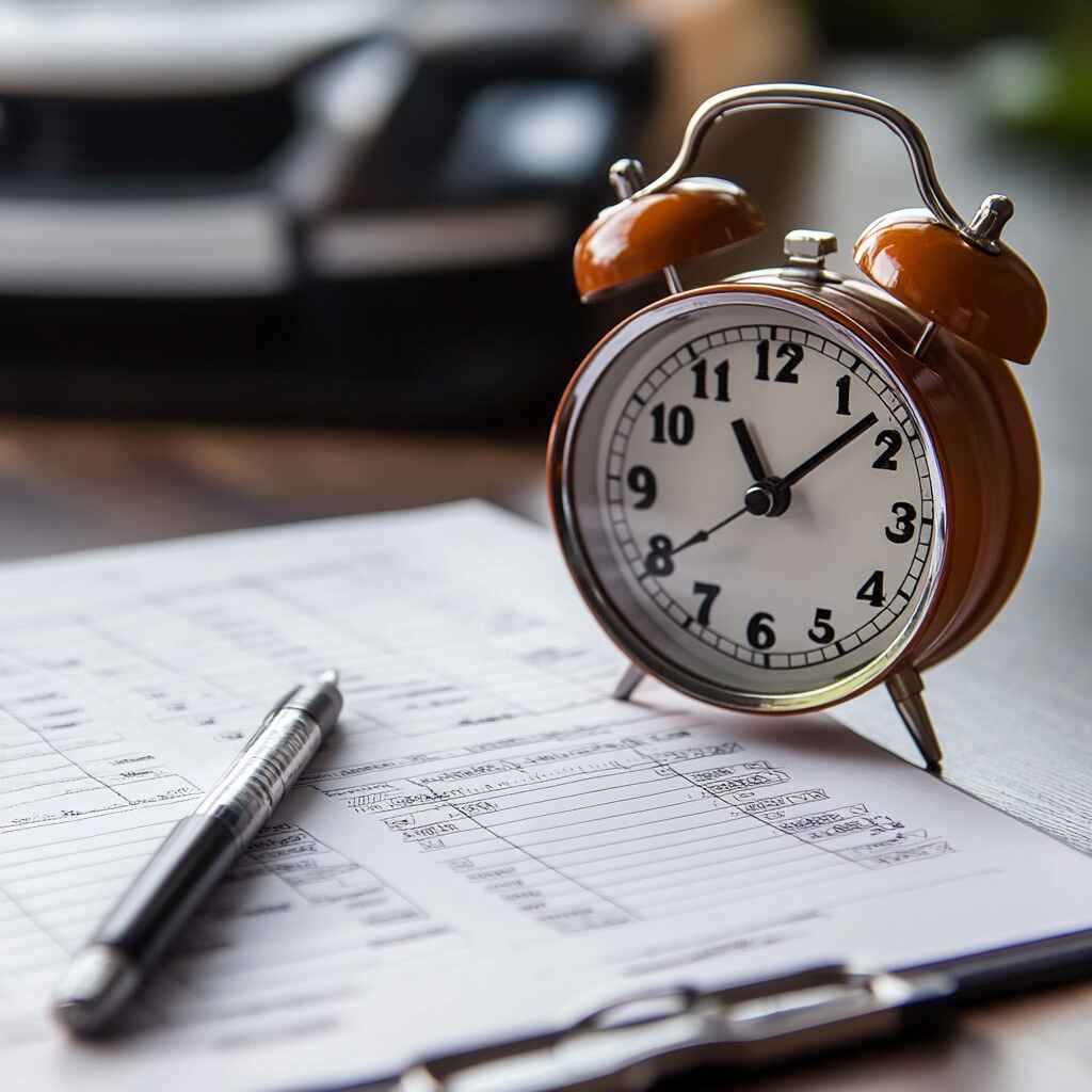 A clock and a driving theory test paper indicating the importance of time management.