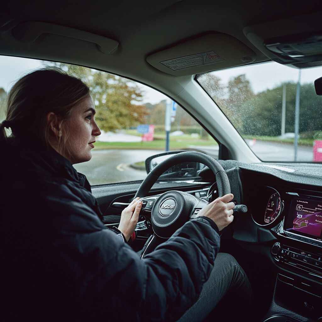 A learner driver practicing driving on the road with an instructor.