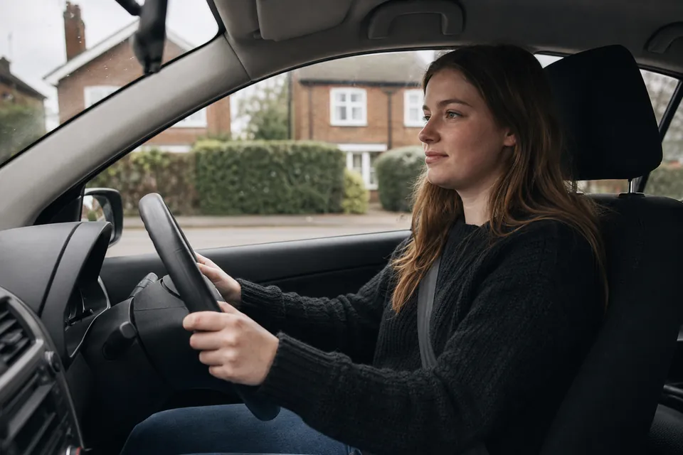 Illustrative learner driver wearing a seat belt and looking towards the road.